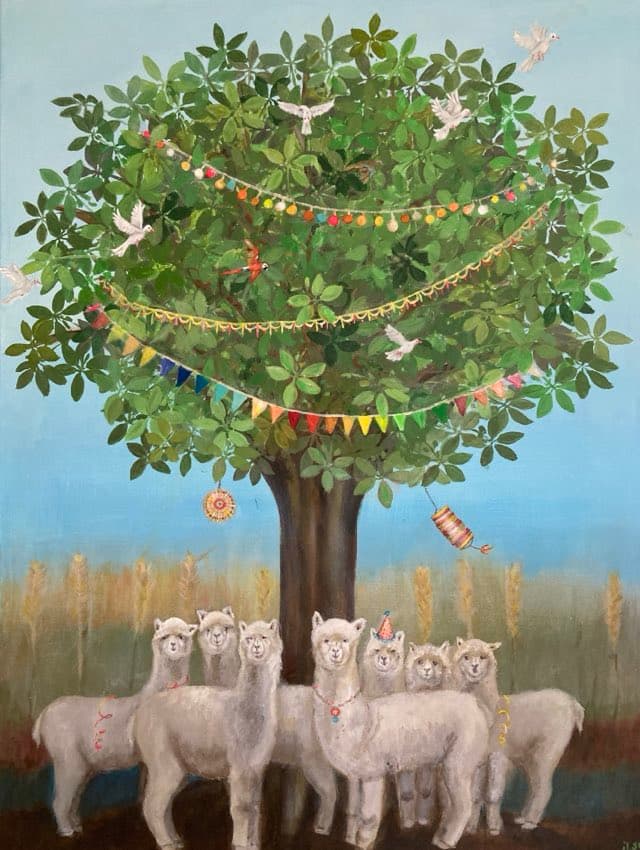 Schilderij: Alpaca's onder de boom