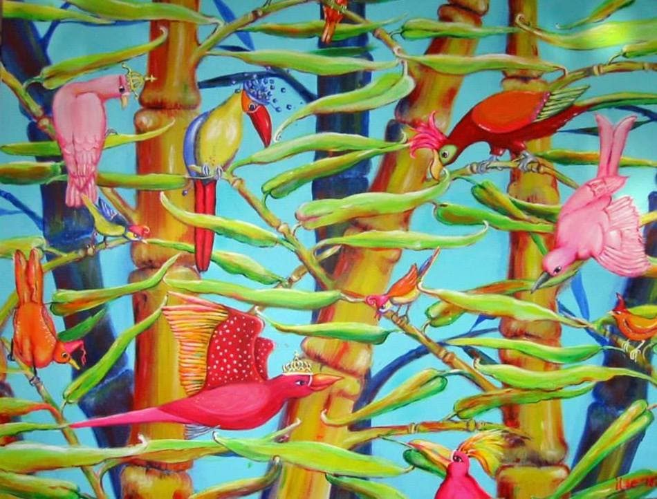Schilderij: Bamboe vol vogels