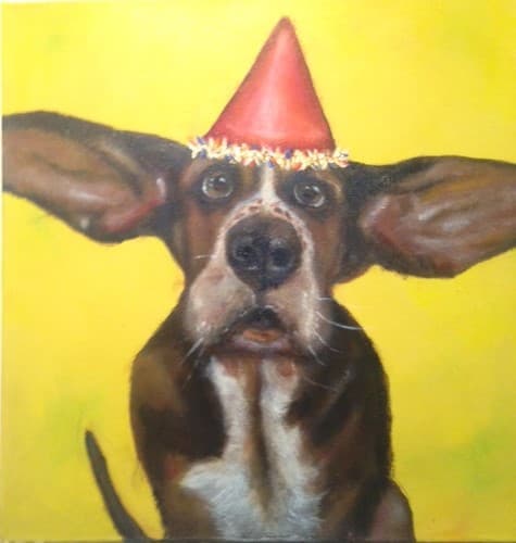 Schilderij: Basset met feestmuts