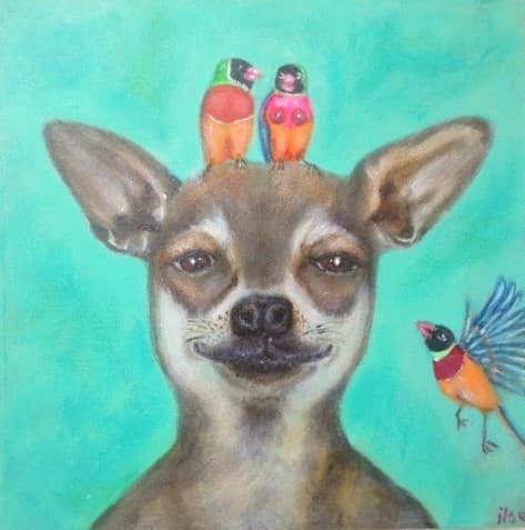 Schilderij: Chihuahua met vogeltjes