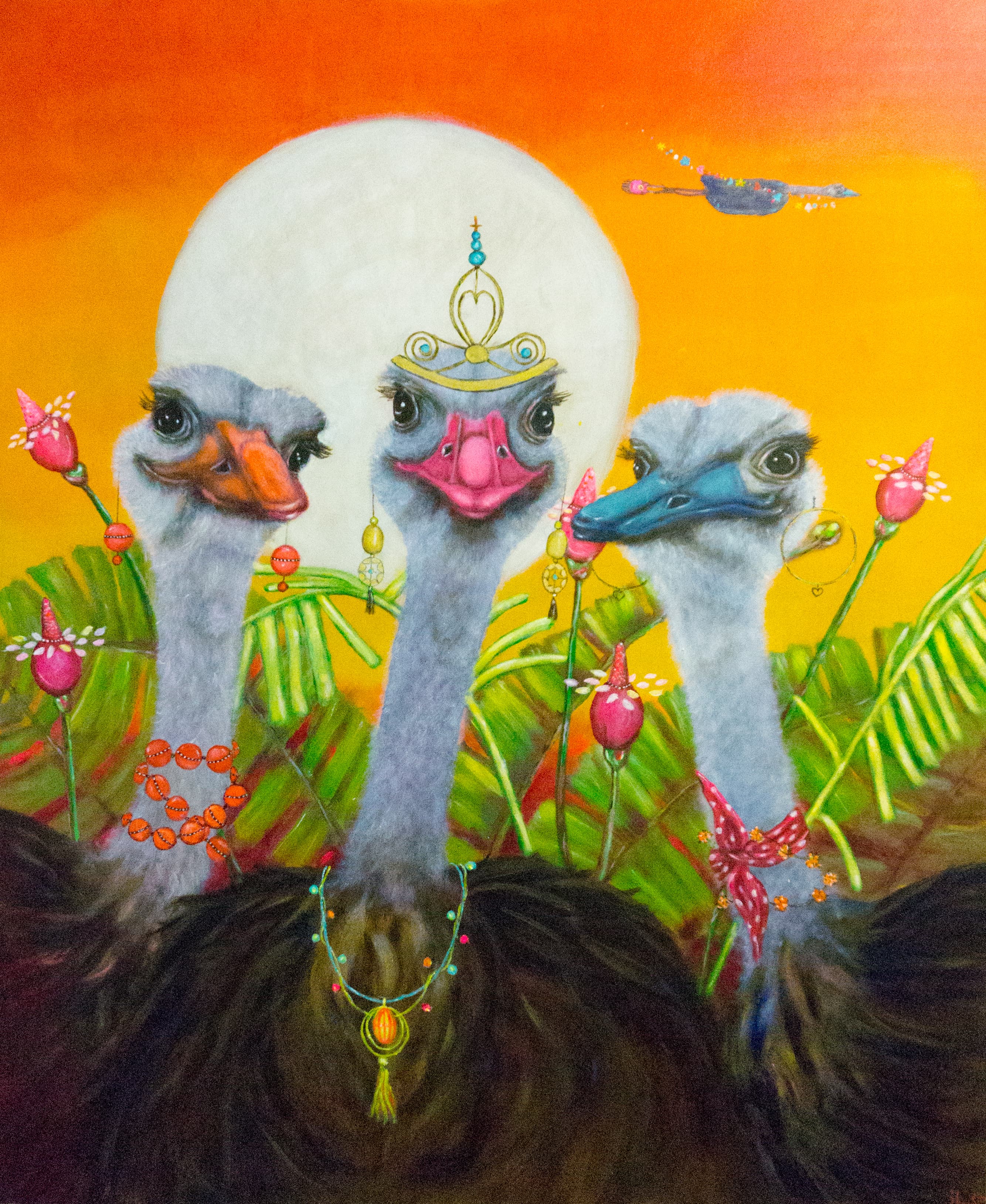 Schilderij: Drie struisvogels bij volle maan