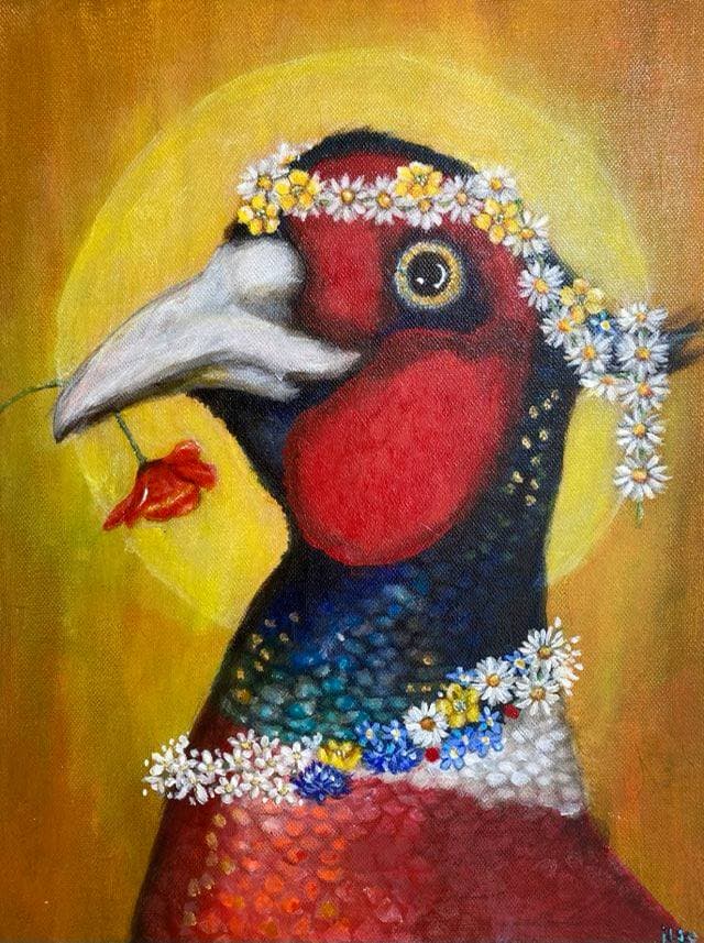 Schilderij: Fazant met bloemenkrans