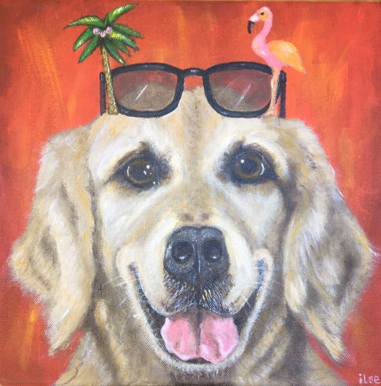 Schilderij: Golden retriever met palmboom