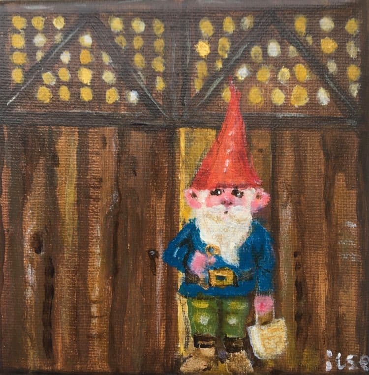 Schilderij: De kabouter bij het hek