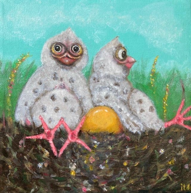 Schilderij: Kuikens op het nest
