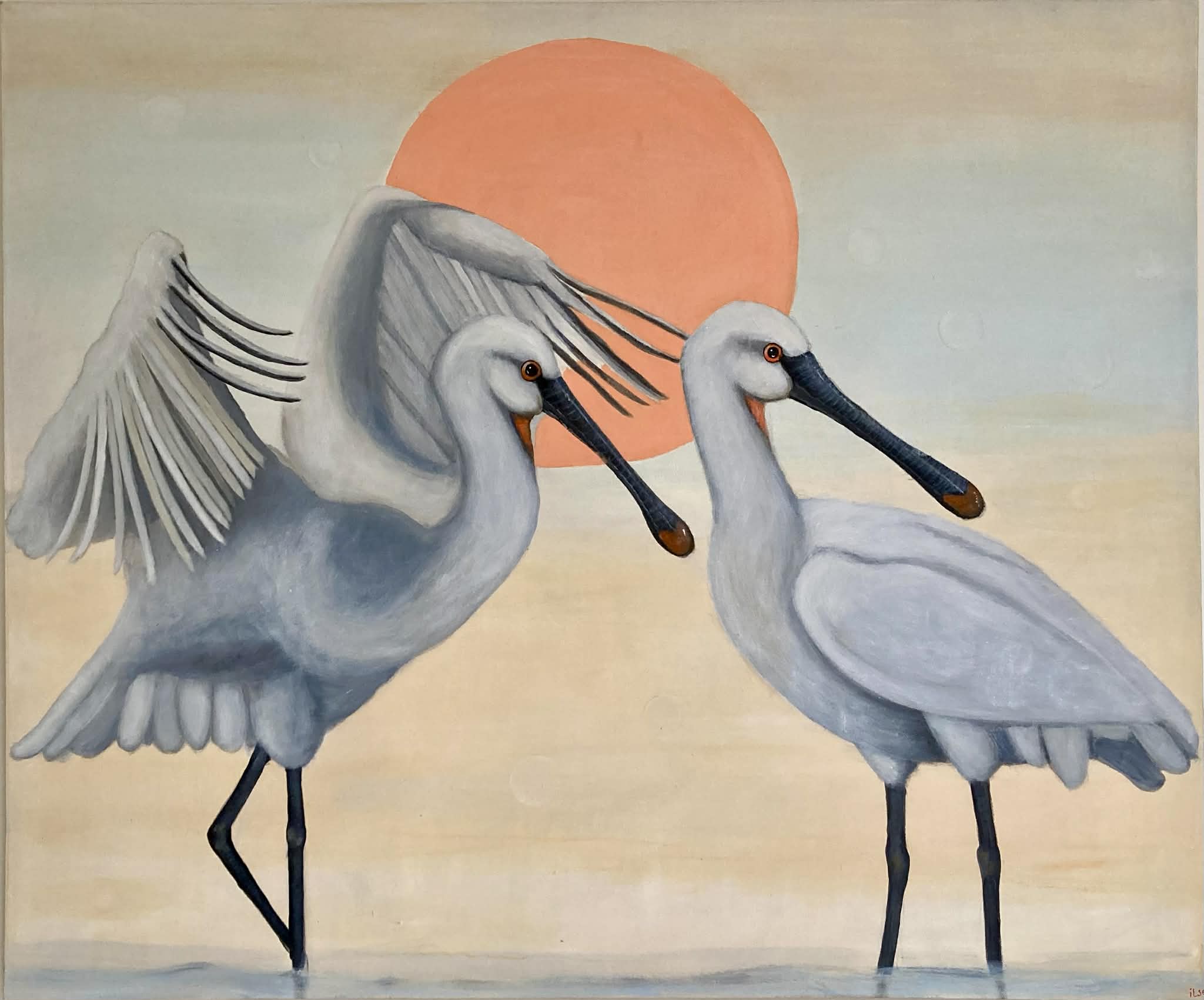 Schilderij: De lepelaars zonnebaden