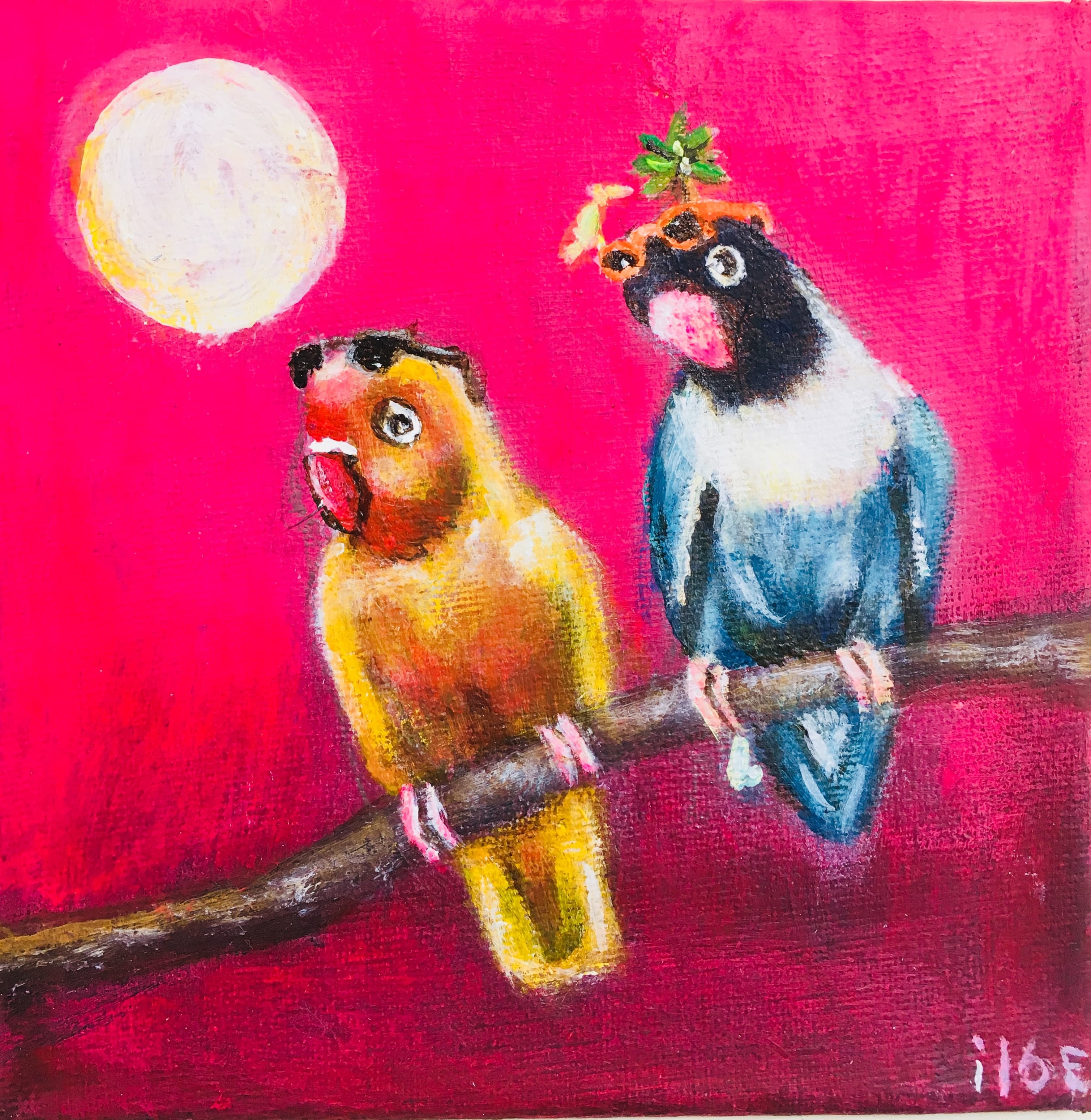 Schilderij: Lovebirds by full moon