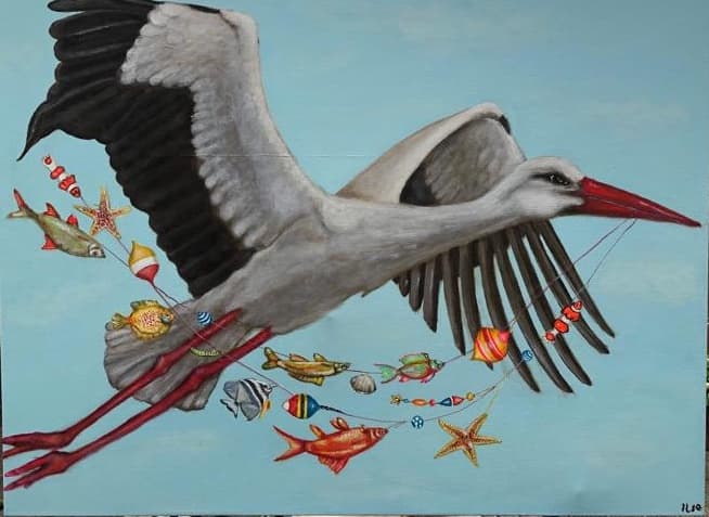 Schilderij: Ooievaar op visvangst