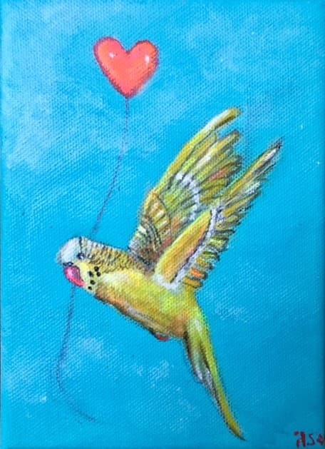 Schilderij: Parkiet met hartjesballon