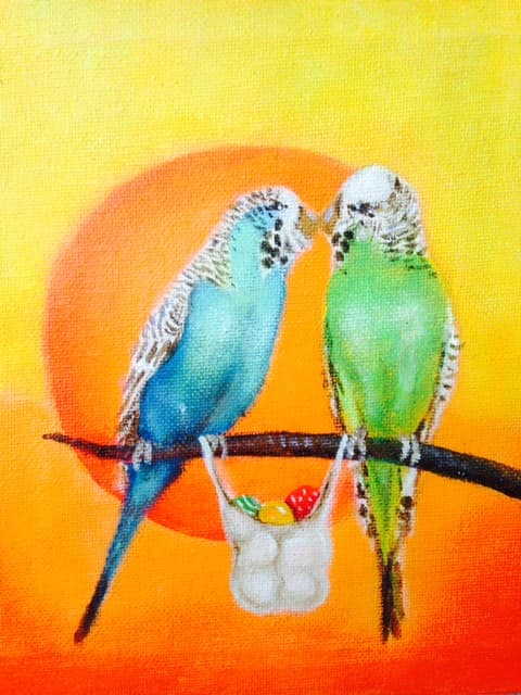 Schilderij: Parkietjes delen fruit