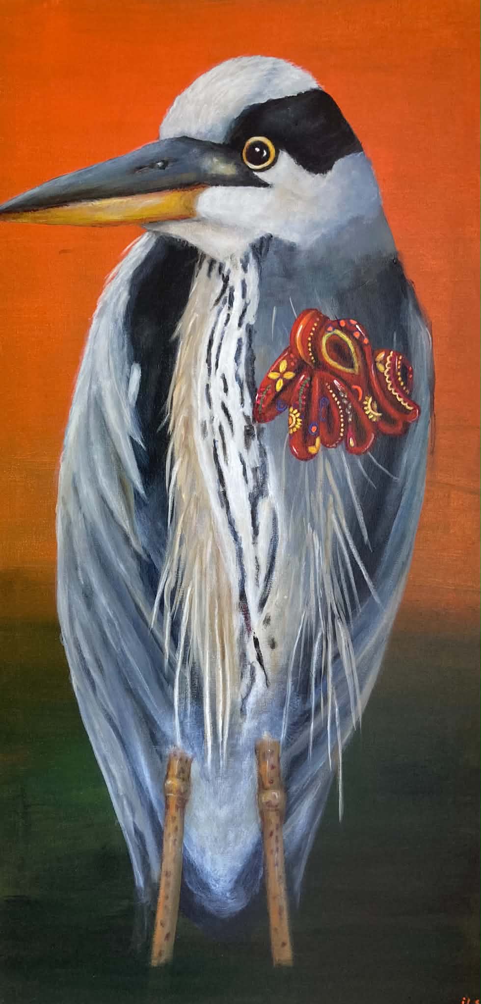 Schilderij: Reiger met broche