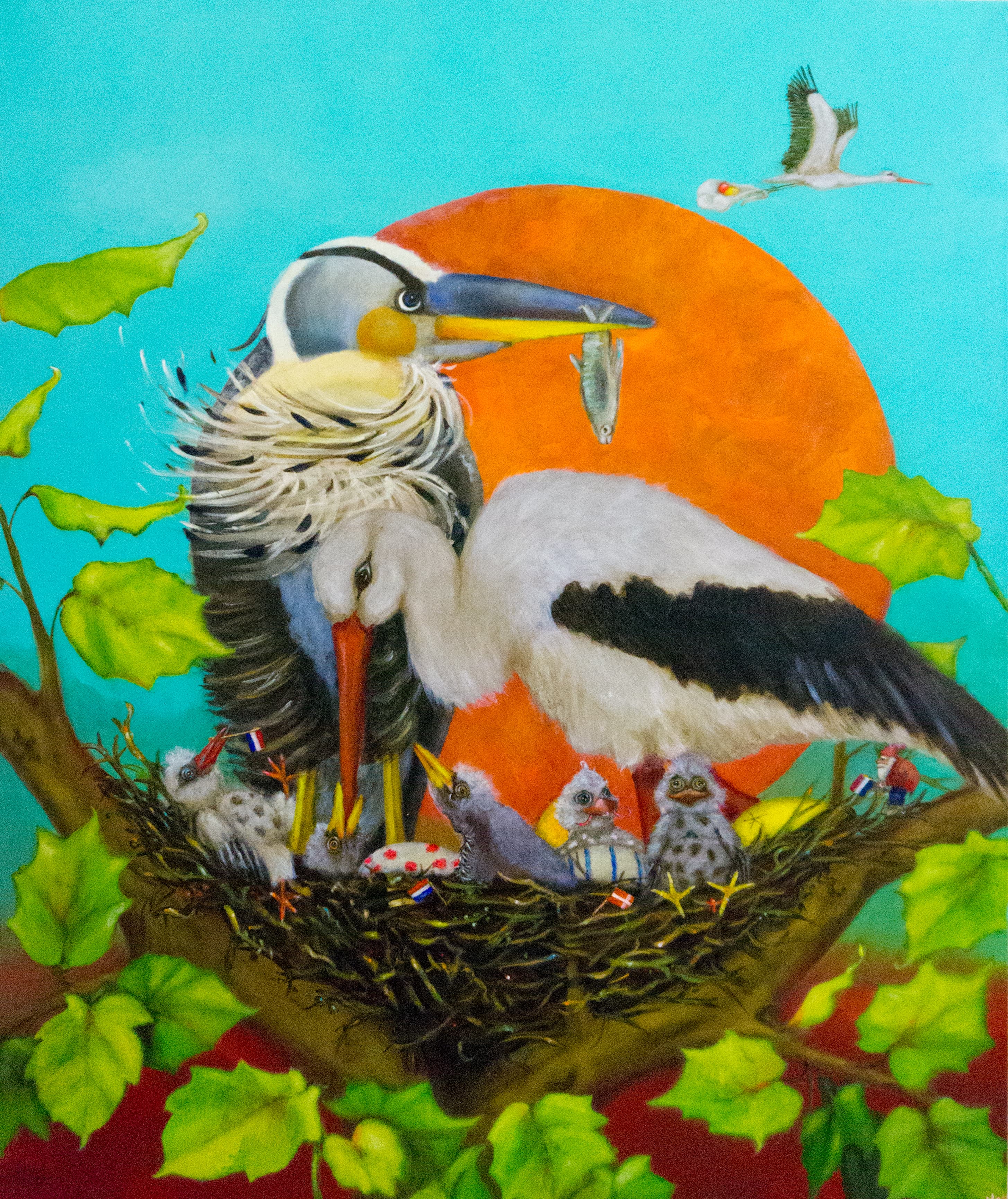 Schilderij: Reiger met kuikens