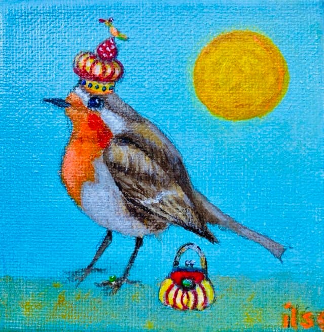 Schilderij: Robin met kroon en tasje