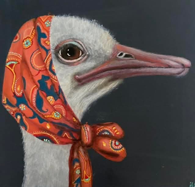 Schilderij: Struisvogel met hoofddoekje