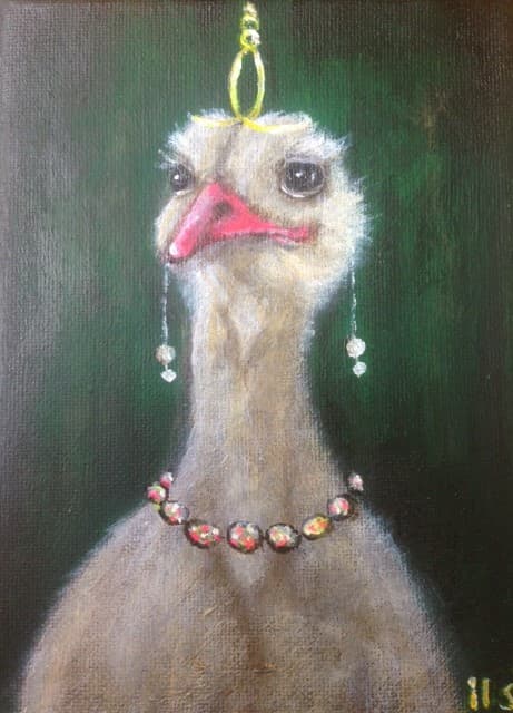 Schilderij: Struisvogel met parels en gouden lus