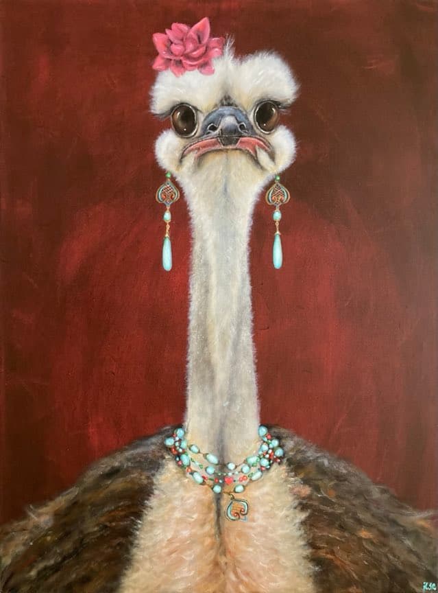 Schilderij: Struisvogel met parelketting
