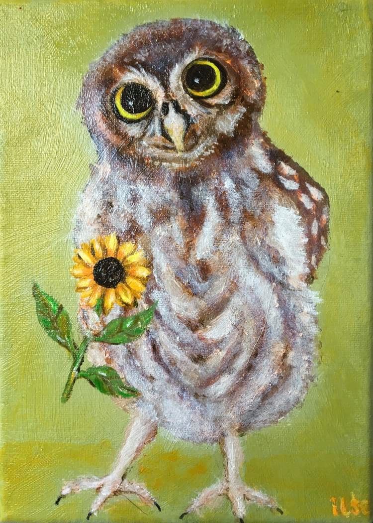 Schilderij: Uil met zonnebloem