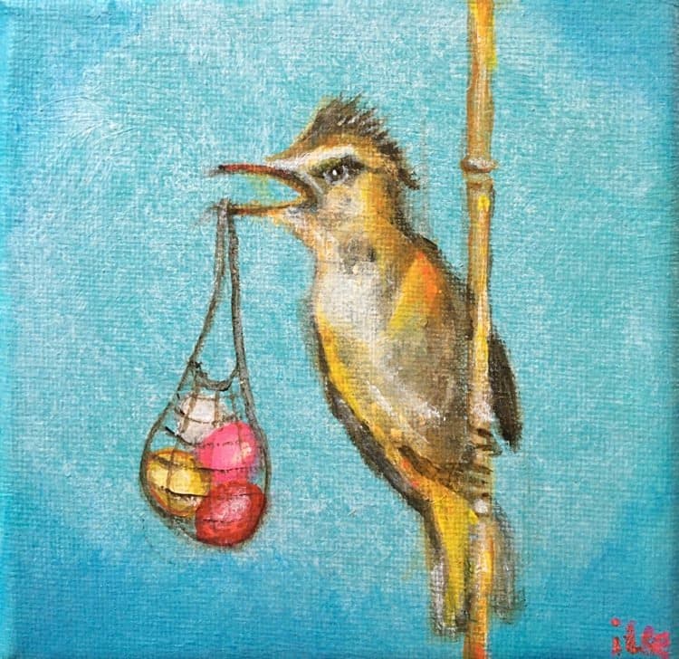 Schilderij: Vogeltje met tasje eitjes