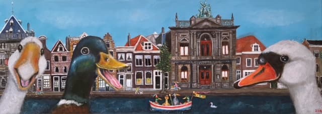Schilderij: Vrolijke eenden bij het Teylers Museum